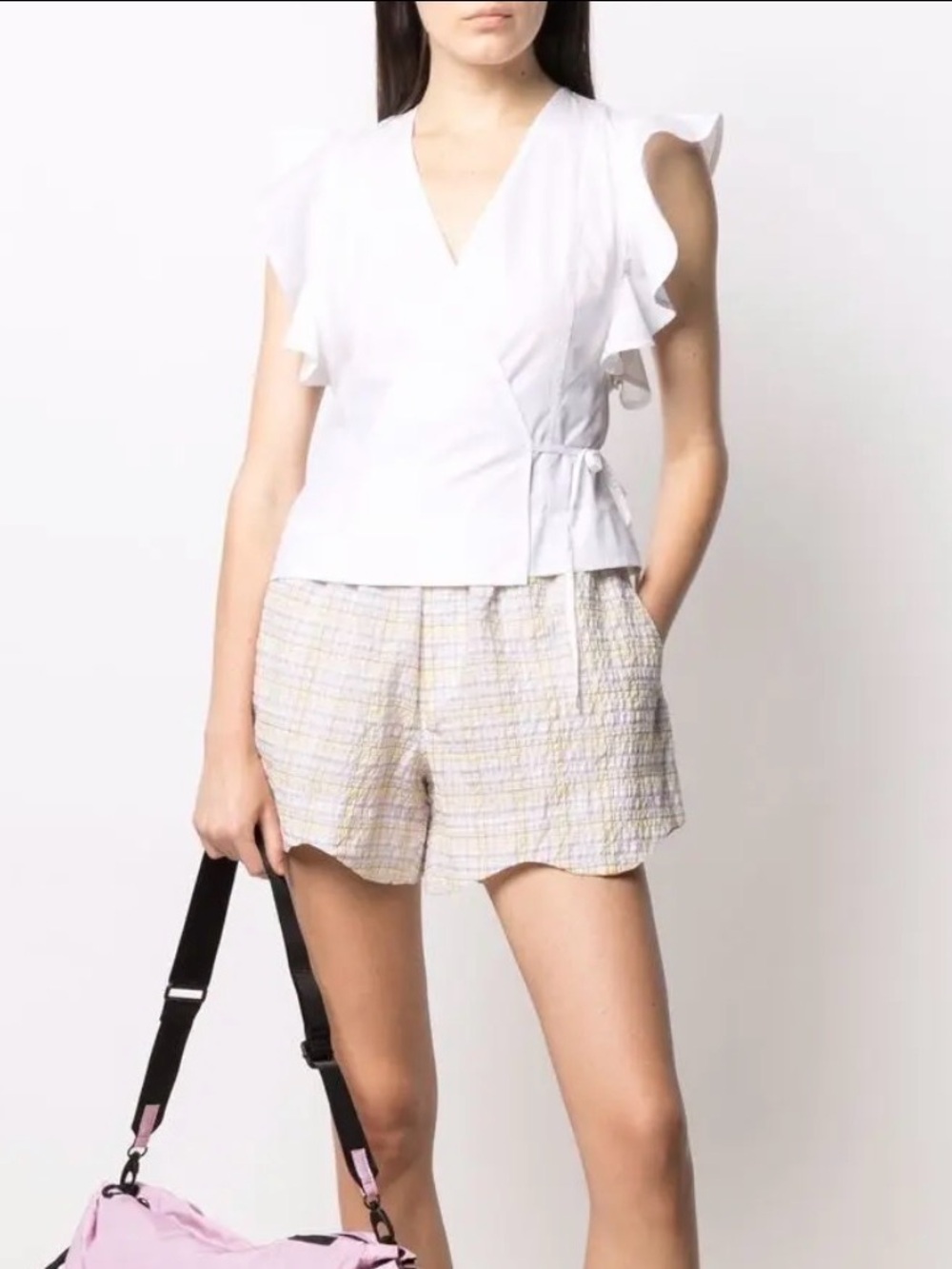 Ganni White Organic Cotton Tie Front Ruffle Blouse Top EU 42 US 10